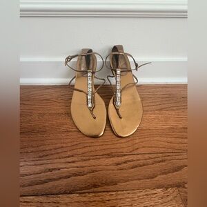 Valerie Stevens Metallic Gold T-Strap Rhinestone Sandals - excellent condition